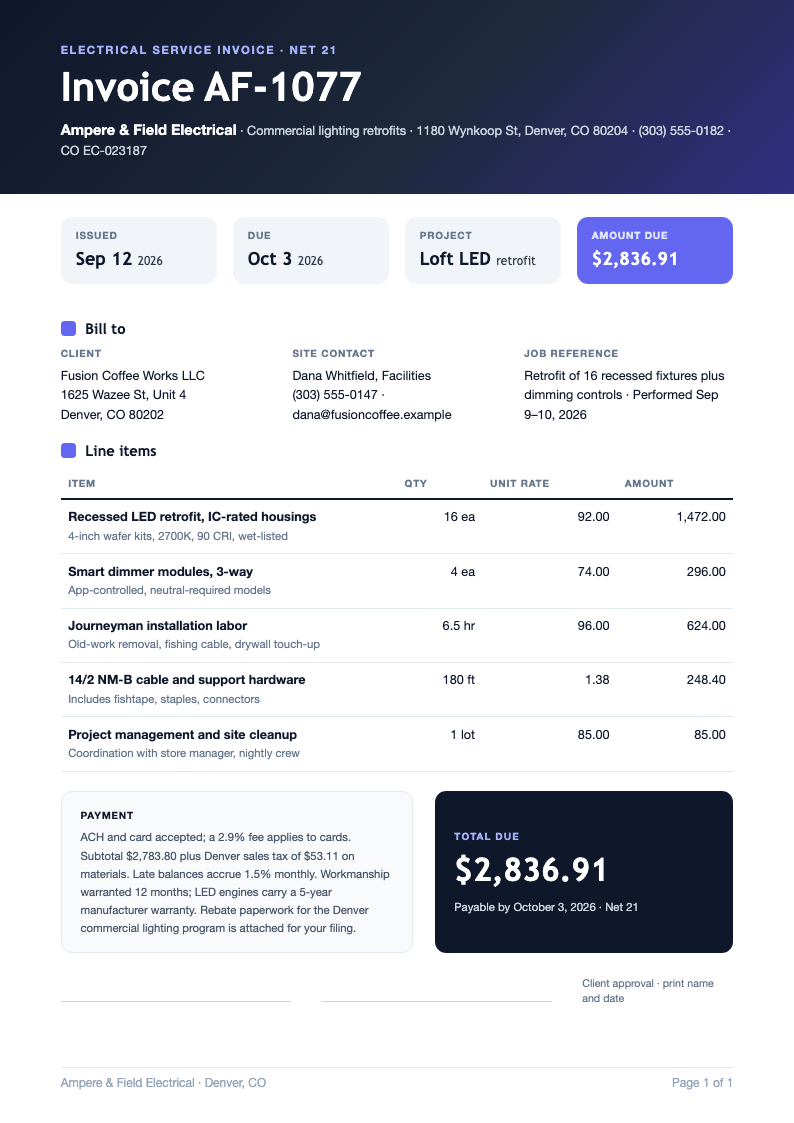 Bold contemporary electrical invoice